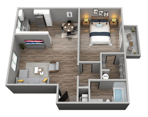 A 3D rendered image of a house layout with a bedroom, living room, kitchen, and bathroom.